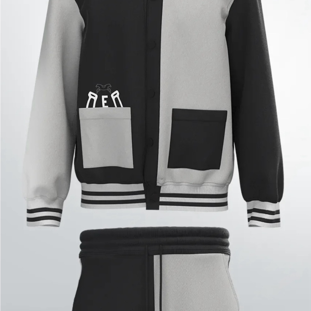 Black/Gray Varsity Jacket and Pants Set with black and white embroidered logo.
